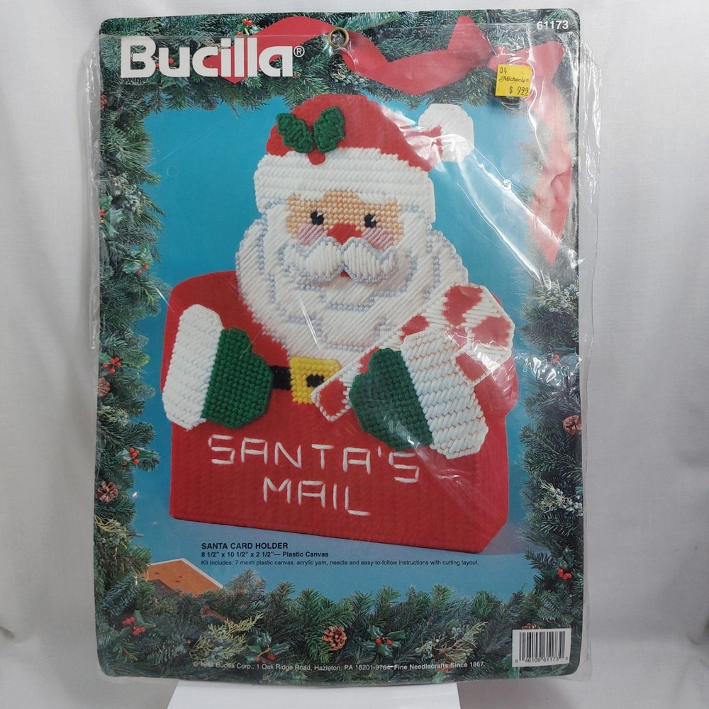 Vintage 1994 Bucilla 61173 Santa‎ Card Holder Plastic Canvas Kit Opened Begun